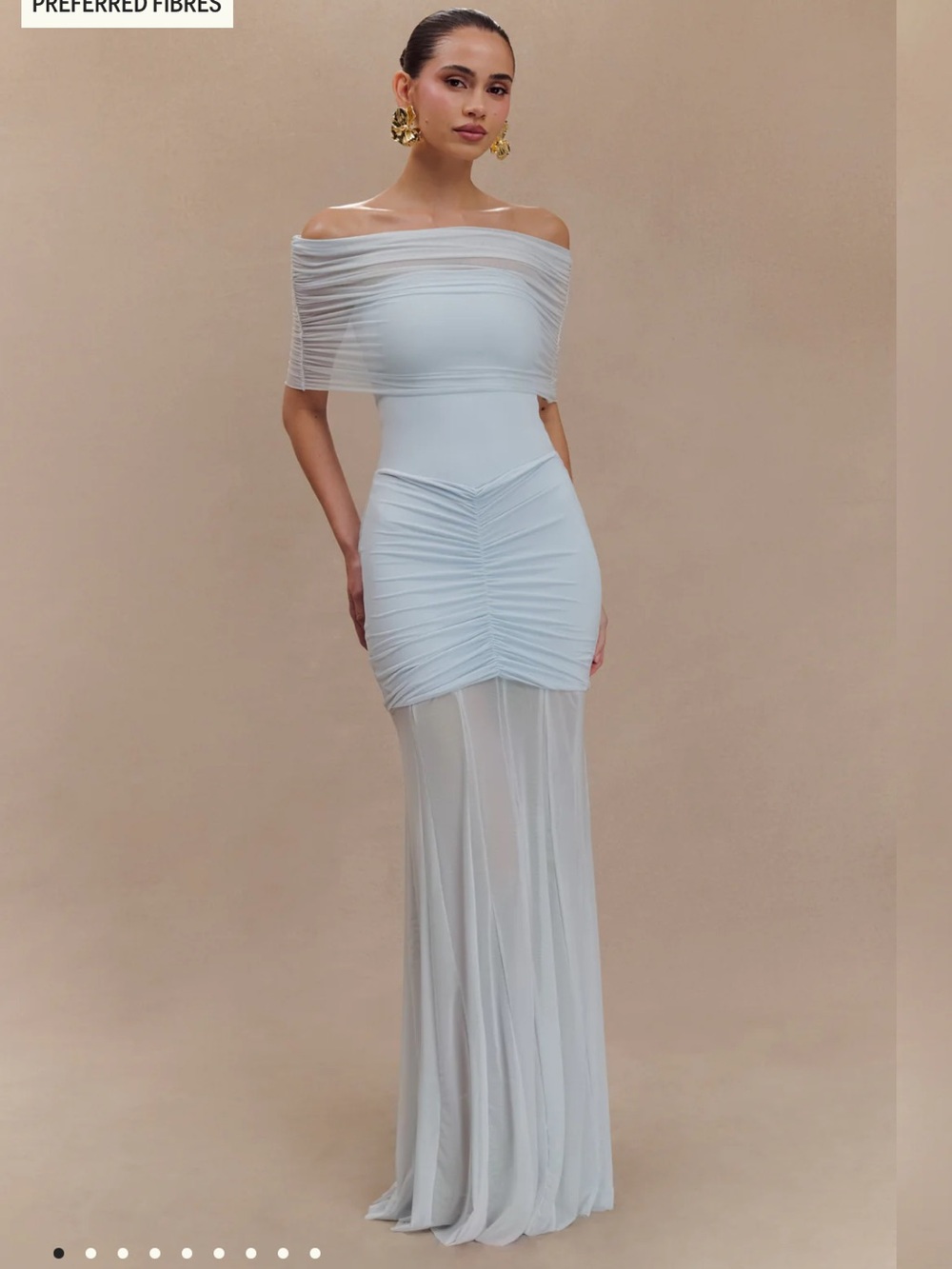 Caspian- Slinky And Mesh Off Shoulder Maxi Dress - Pale Blue